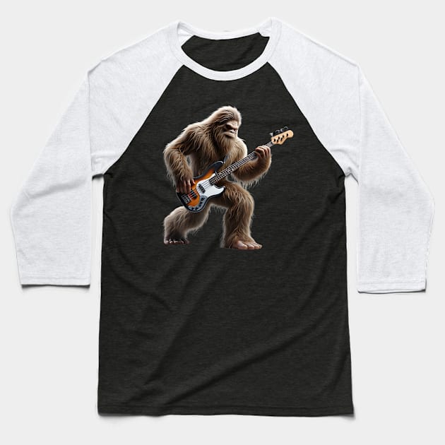 Bigfoot Playing A Electric Guitar Rock On Sasquatch Big Foot Baseball T-Shirt by marchizano